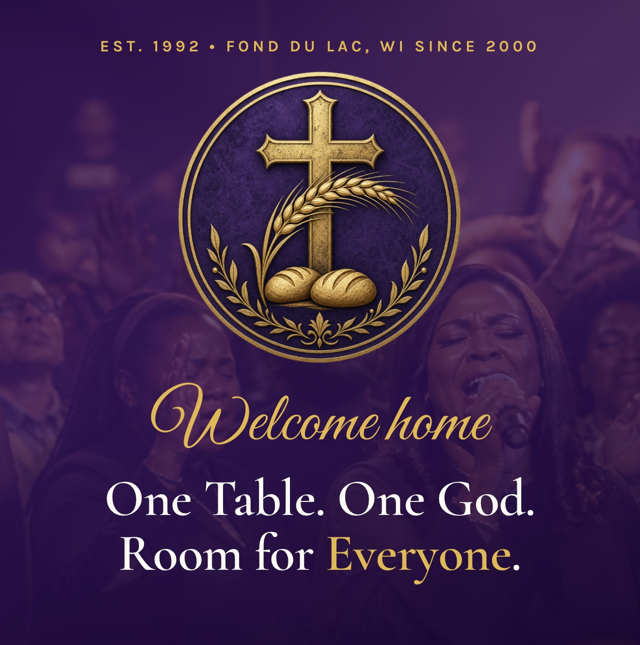 Welcome home promotional graphic for Bread of Life church featuring a gold cross, wheat, and loaves emblem over a worshiping congregation
