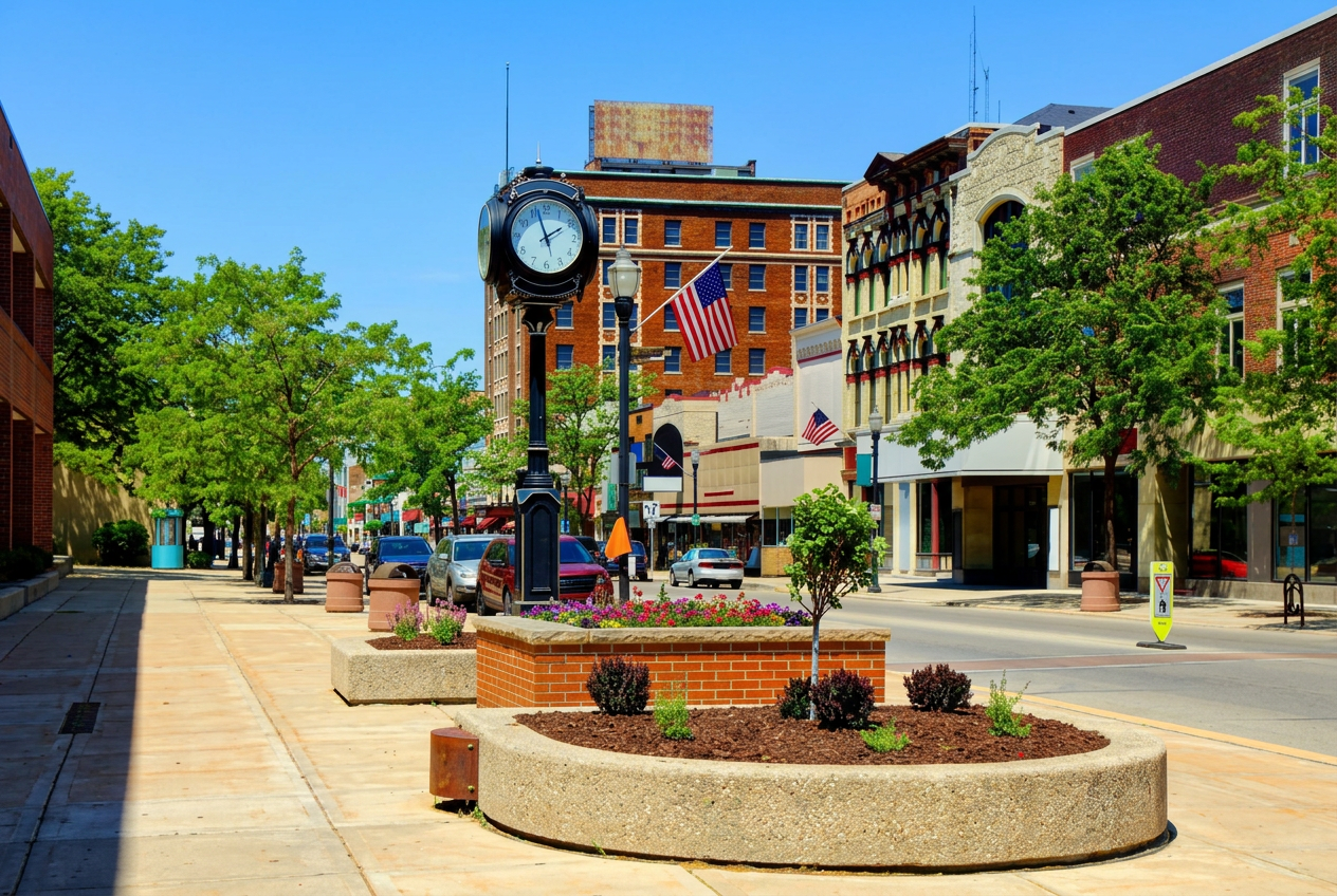 Downtown Fond du Lac with its landmark street clock, American flag, and historic buildings