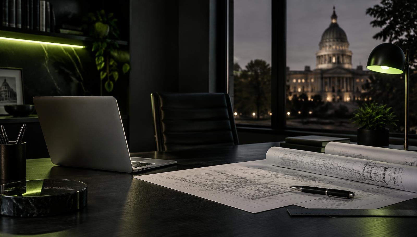BroWood Digital Project workspace overlooking Wisconsin civic architecture