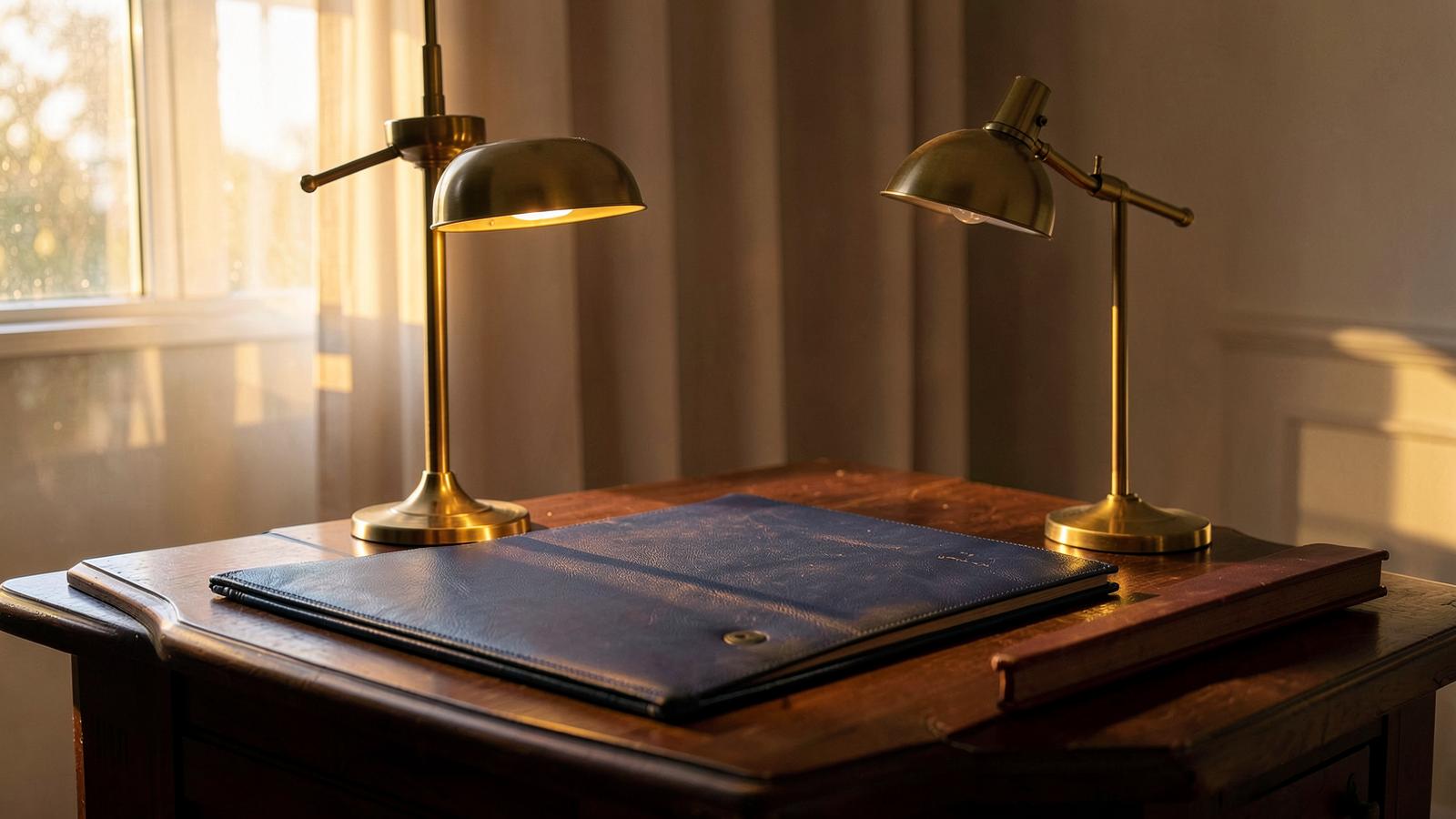 A dignified wooden writing desk with brass lamps and a navy leather writing pad