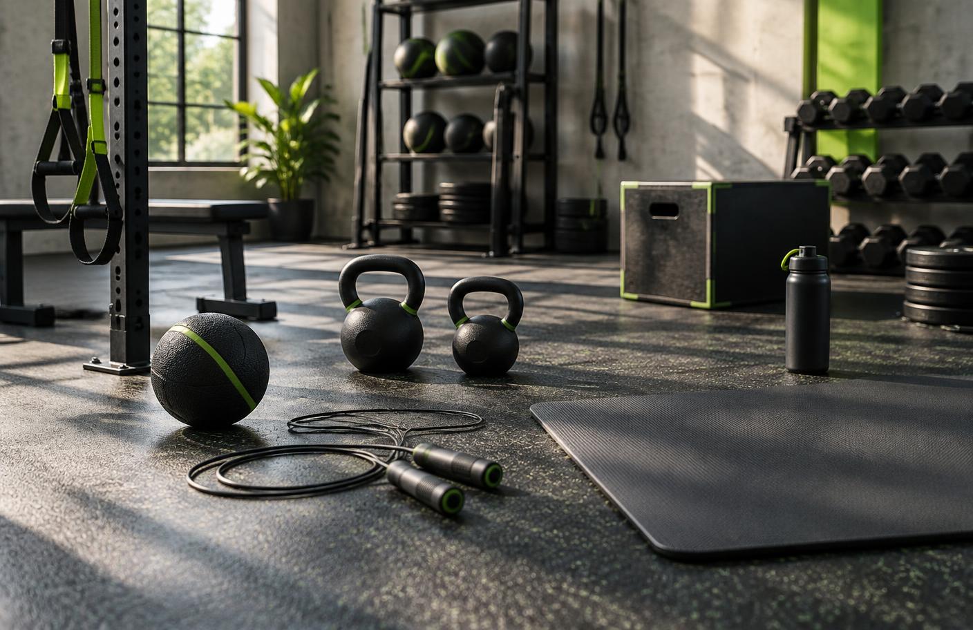 A refined circuit-training station with kettlebells and exercise equipment