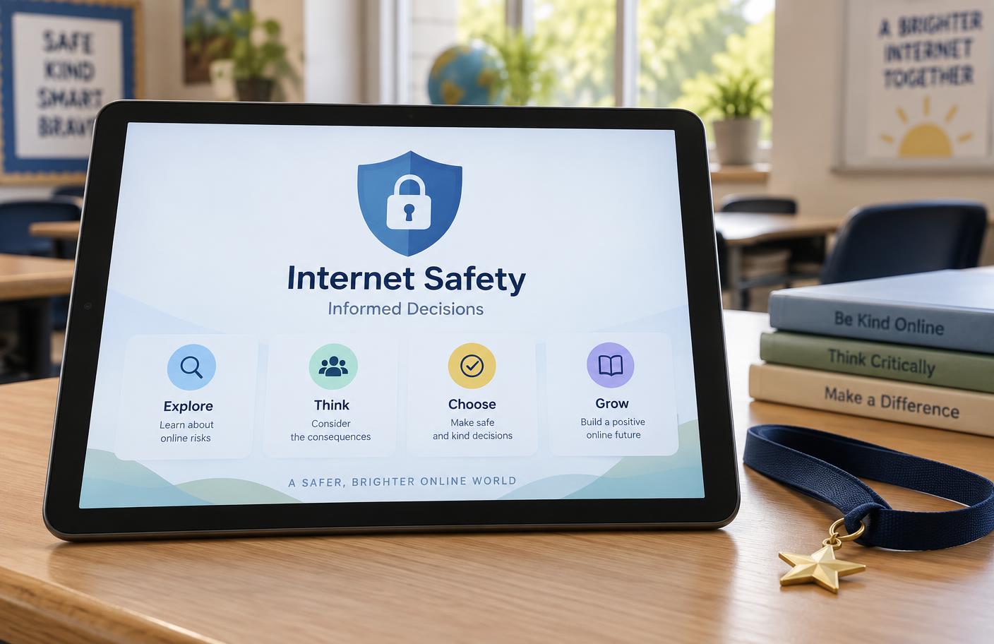 A tablet displaying an internet safety app with a shield icon and informed decision prompts in a bright classroom