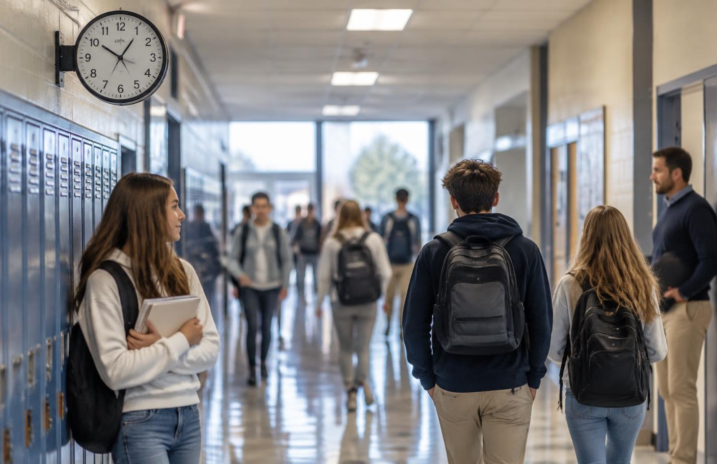 Students moving through a supervised school hallway beneath a wall clock