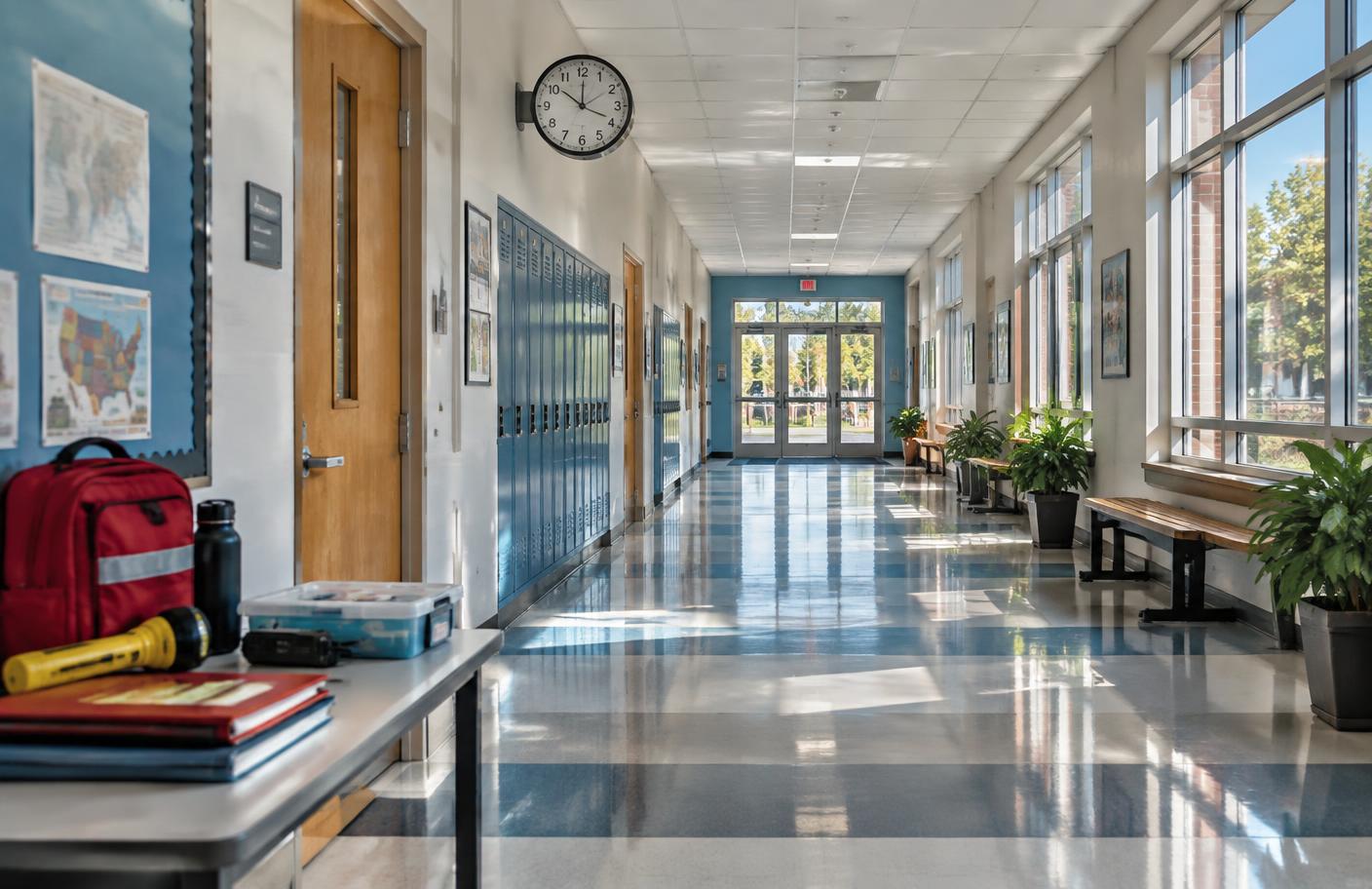 A bright, orderly school hallway prepared for safety training